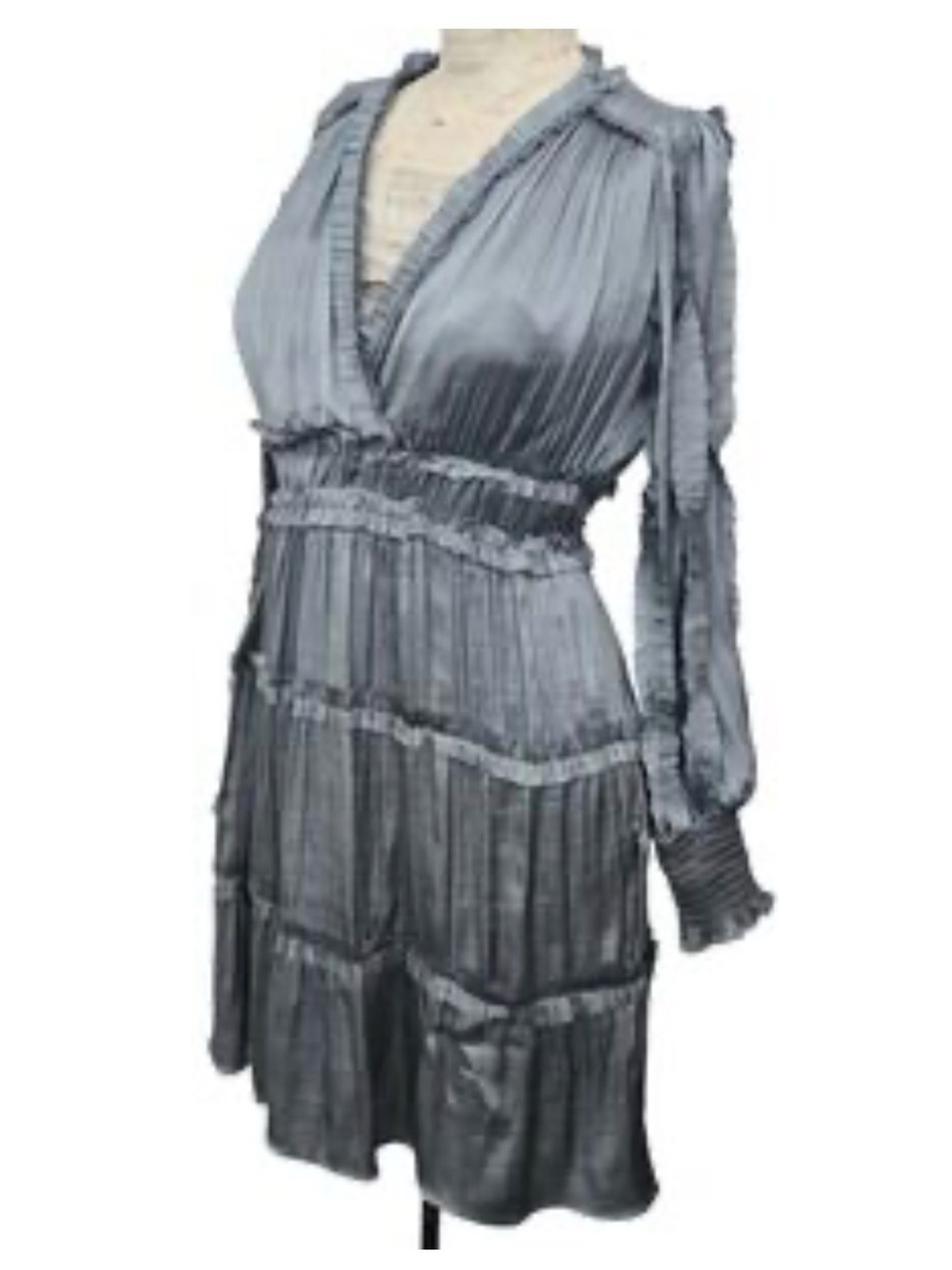 o.p.t Ruffled Satin V-Neck Dress in Light Gray